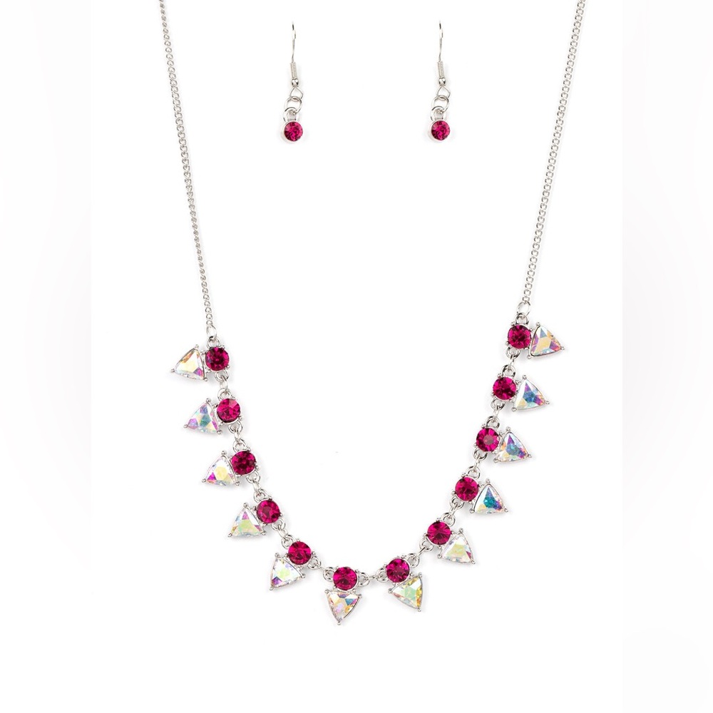 Razor Sharp Refinement - Pink Iridescent Drop Statement Necklace & Earrings Set - Picture 2 of 3